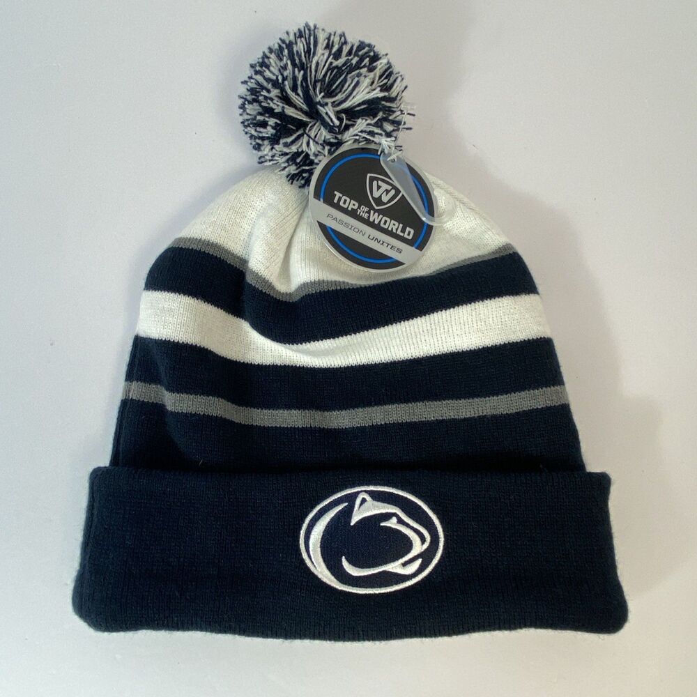 Penn State Nittany Lions Pom Beanie Hat Navy White Striped Top of the World NWT